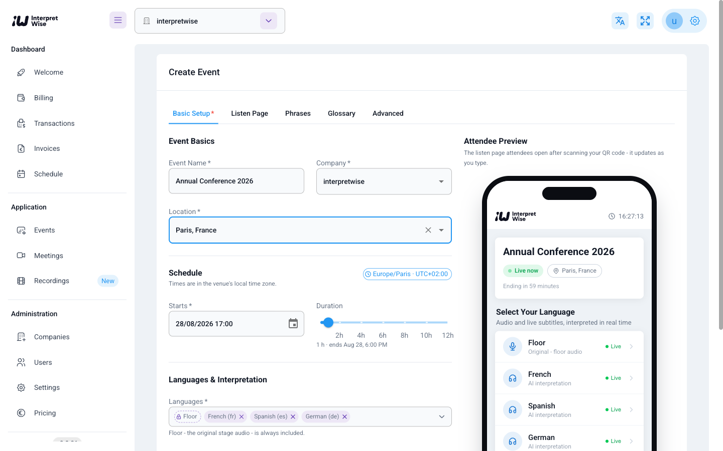 Event creation wizard with schedule, location, languages and a live attendee preview
