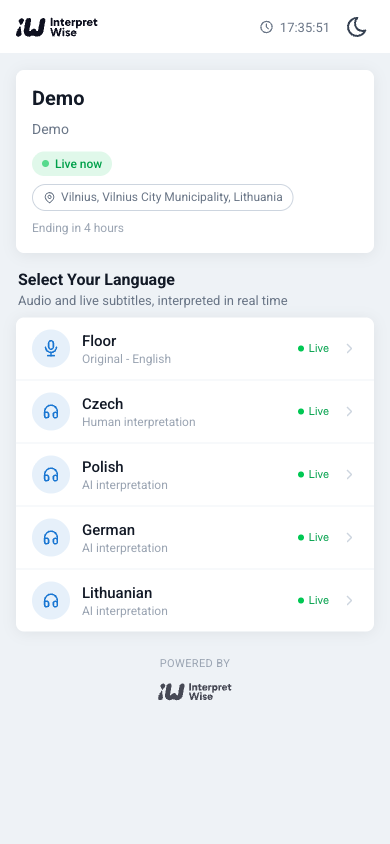 Stránka poslechu v telefonu se seznamem jazyků živé akce