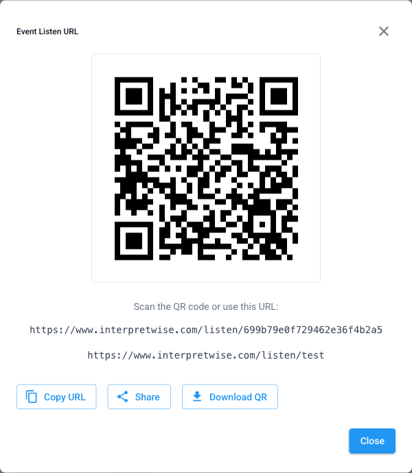 QR code dialog with the event listen links